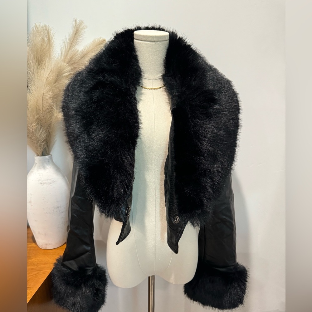 Azalea Wang Cropped Faux Leather Fur Trim Jacket